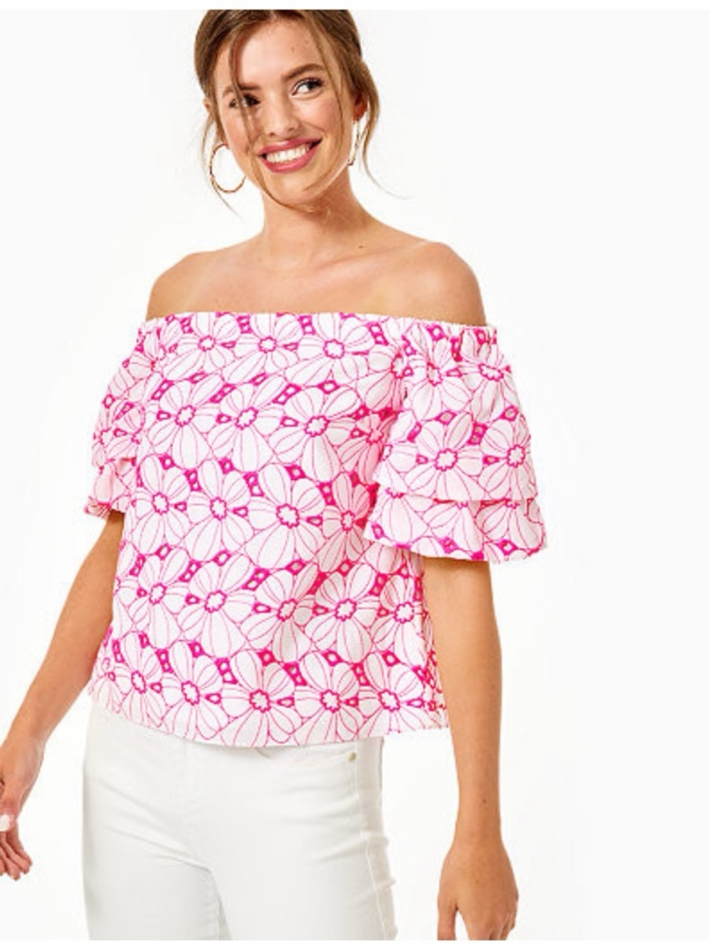Lilly Pulitzer Pink Floral Off-Shoulder Eyelet Top